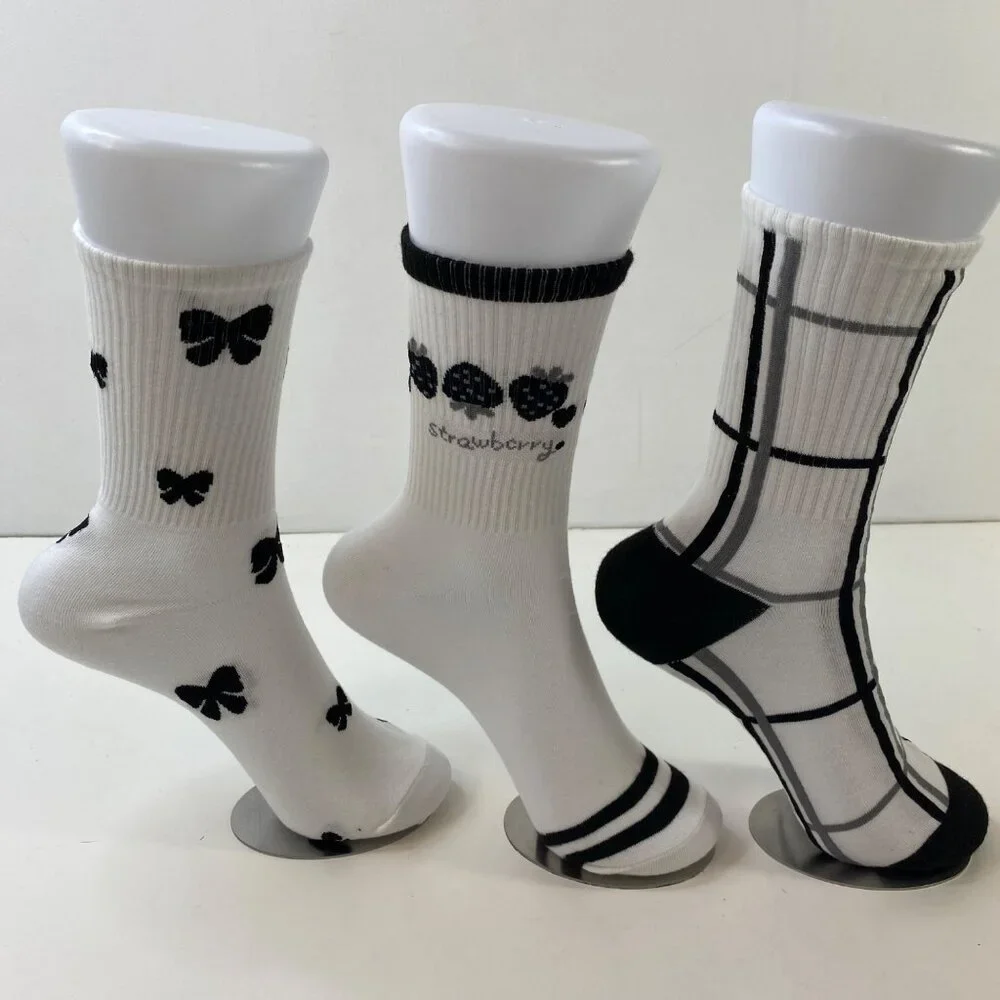 Womens Crew Socks 3-Pack Mixed Patterns Bow Grid Strawberry Black White